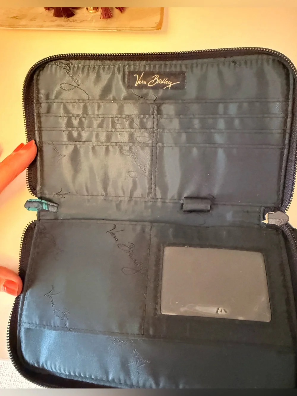 Vera Bradley Navy Floral Quilted Zip Wallet with Teal Accents